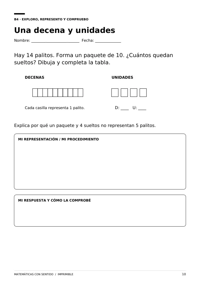 Ficha imprimible en blanco y negro de decenas y unidades