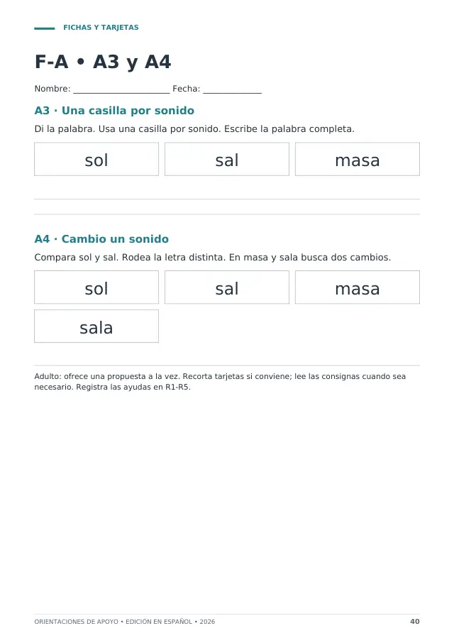 Fichas de lectura con sílabas y palabras